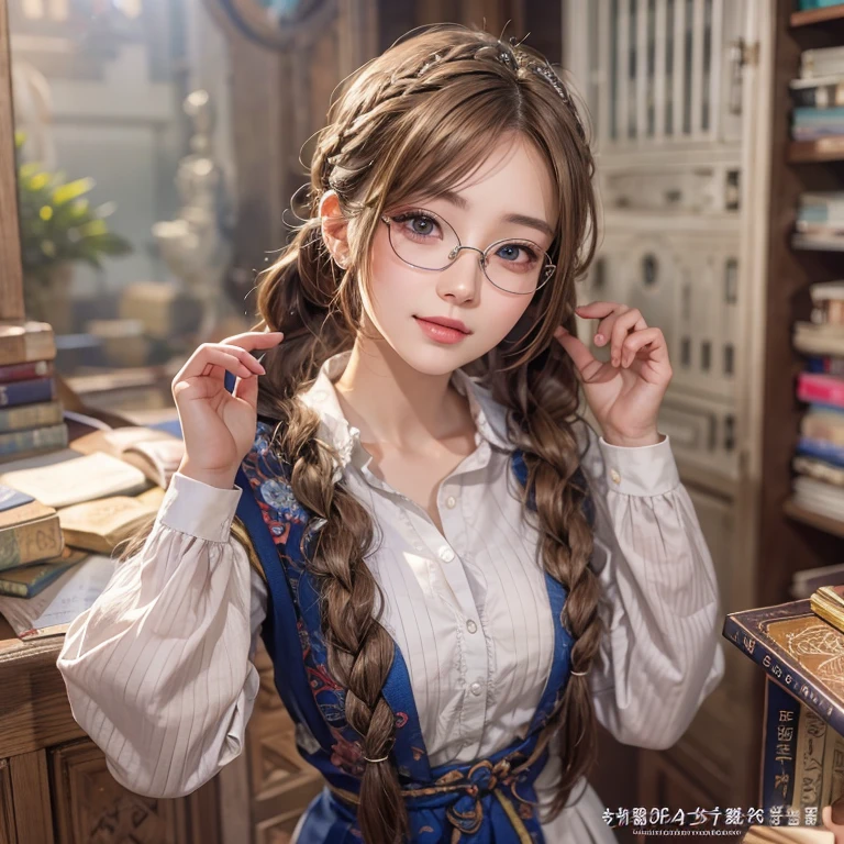 Librarian、Clean look、White blouse、Tight Skirt、Glasses(masterpiece:1.3), (8k, Realistic, RAW Photos, Best image quality: 1.4), Japanese 、26 years old,(Random Hairstyles:1.2)、Cleavage:1.2、Highly detailed face、Attention to detail、double eyelid、Chest to chest、Sharp focus:1.2、Beautiful woman:1.4、Light brown hair、Highest quality、masterpiece、Ultra-high resolution、(Realistic:1.4)、Highly detailed and professionally lit smiles、She is looking for a book、Braiding、Recall