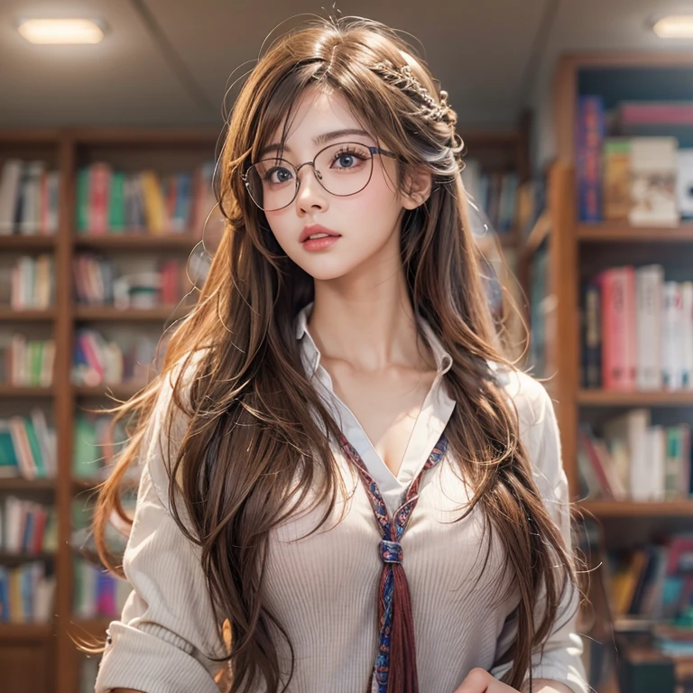 Librarian、Clean look、White blouse、Tight Skirt、Glasses(masterpiece:1.3), (8k, Realistic, RAW Photos, Best image quality: 1.4), Japanese 、26 years old,(Random Hairstyles:1.2)、Cleavage:1.2、Highly detailed face、Attention to detail、double eyelid、Chest to chest、Sharp focus:1.2、Beautiful woman:1.4、Light brown hair、Highest quality、masterpiece、Ultra-high resolution、(Realistic:1.4)、Highly detailed and professionally lit smiles、She is looking for a book、Braiding、Recall