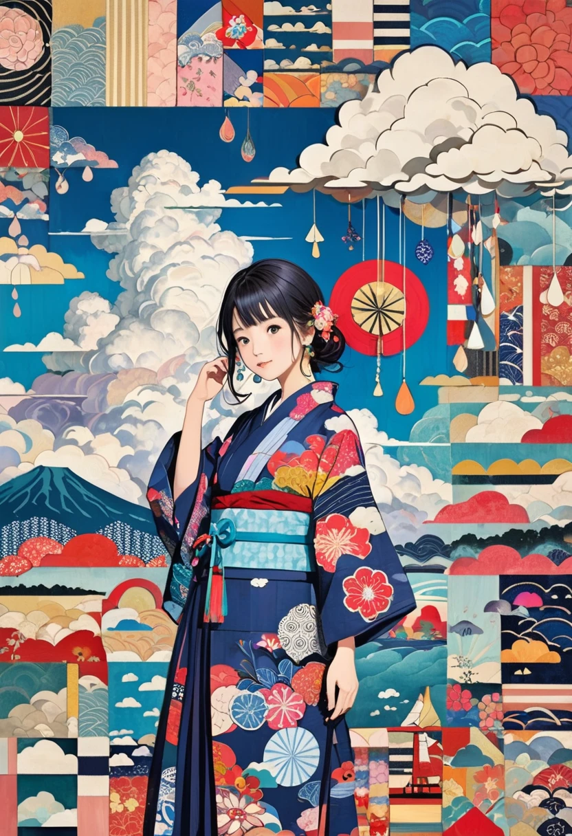 (masterpiece, best quality),
woodblock print collage depicting,american girl, girl holding up her bow as she is surrounded by various archery raindrop and cloud symbols,yukata,natsumatsuri, cumulonimbus cloud,colorful, collage art, contemporary artistic collage,