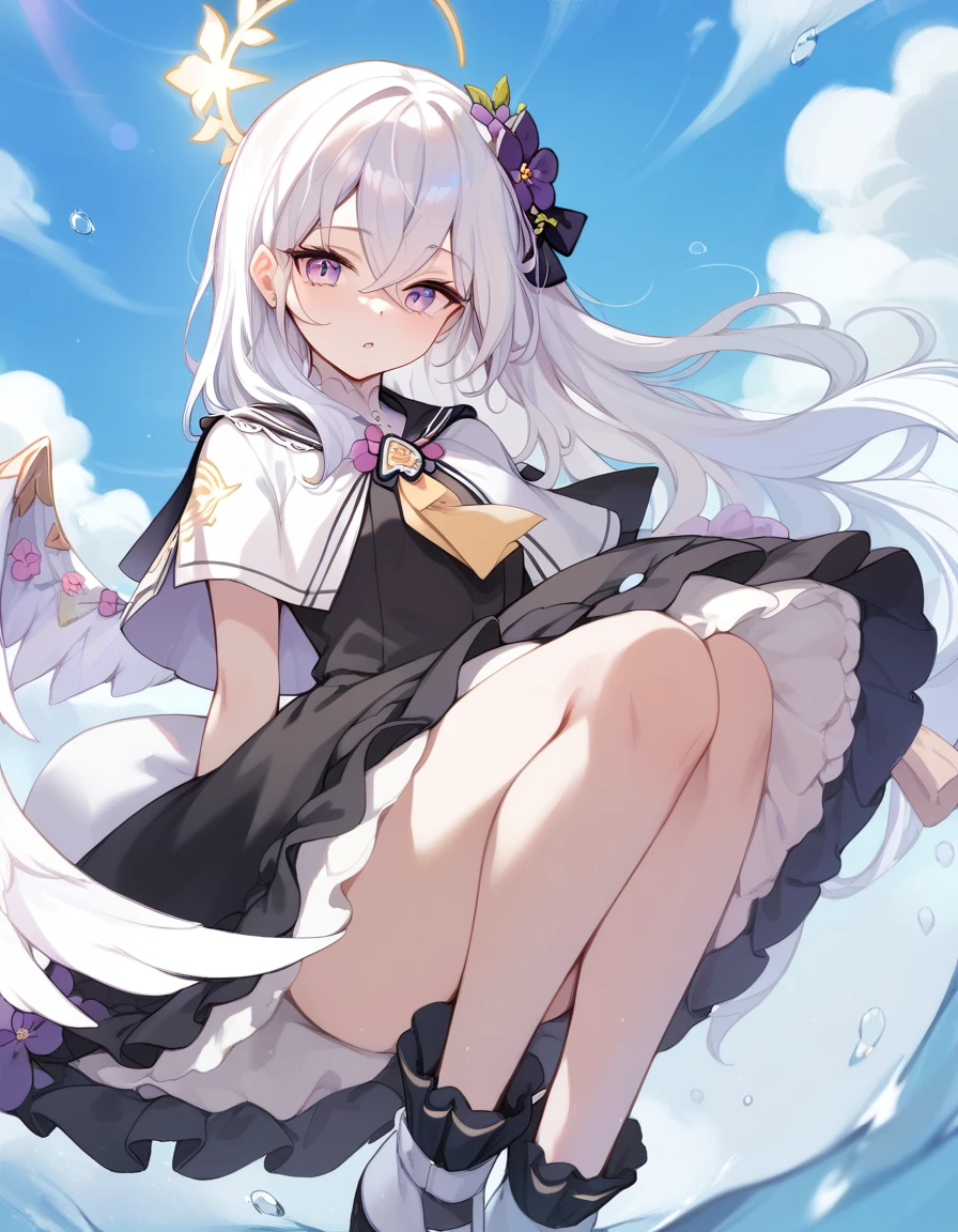 ((close-up)), azusa \(blue archive\),purple eyes,white hair,long hair,wings,hair flower,halo,white capelet,black sailor collar,black frilled dress,white footwear