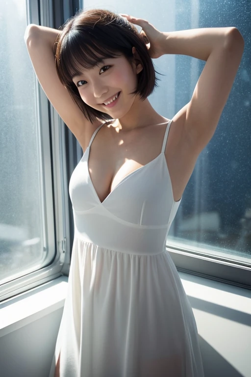 国際universeステーションの内, A woman floating in zero gravity, Japan model with a smile, 23 years old, Thin fabric dress, No sleeve, Simple white dress, Shortcuts, Short Bob, C cup breasts, Leaning back and floating in space, Light comes in through the window behind , The outline shines in the backlight, universe,