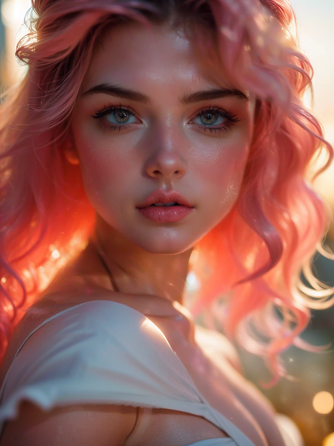 (((ultra realistic))) photoshot, work of art, Maximum quality, (Pale skin), (Rosto e olhos ultra detailds:1.3), 1 girl, grown-up, on a t-shirt, (eye make up, mascara) , ((Detailed big lips)), ((pink wavy hair)), ((Chyolka)) , (natural breasts), Waist slender. ((posando)), photoshoot, studio (soft lighting), (The play of light and shadows), Depth of field, bokeh, (special attention to skin details: 1.2), Detailed leather texture, skin pore. (Airy frame atmosphere. Color range - delicate, Ablaze, offwhite, Tons rosa), dr, ((film grain)), ((lightning strikes)), ((sheen)), ((Portrait from waist up, close to the camera)) , ultra detaild,