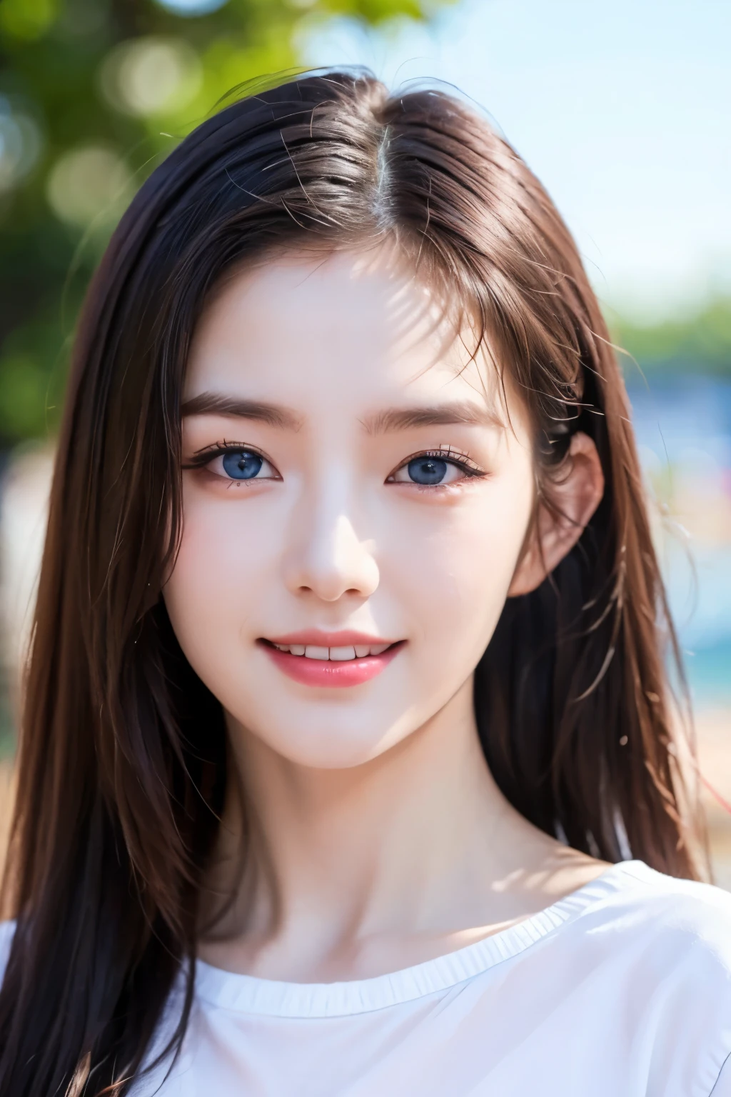 very detailed eyes, very detailed face, best quality ,masterpiece, very detailed, very detailed, (realistic, photo-realistic:1.3), laugh, (facing forward), looking at viewer, white shirt, sunny day, outdoor, 1woman upper body, with blue eyes