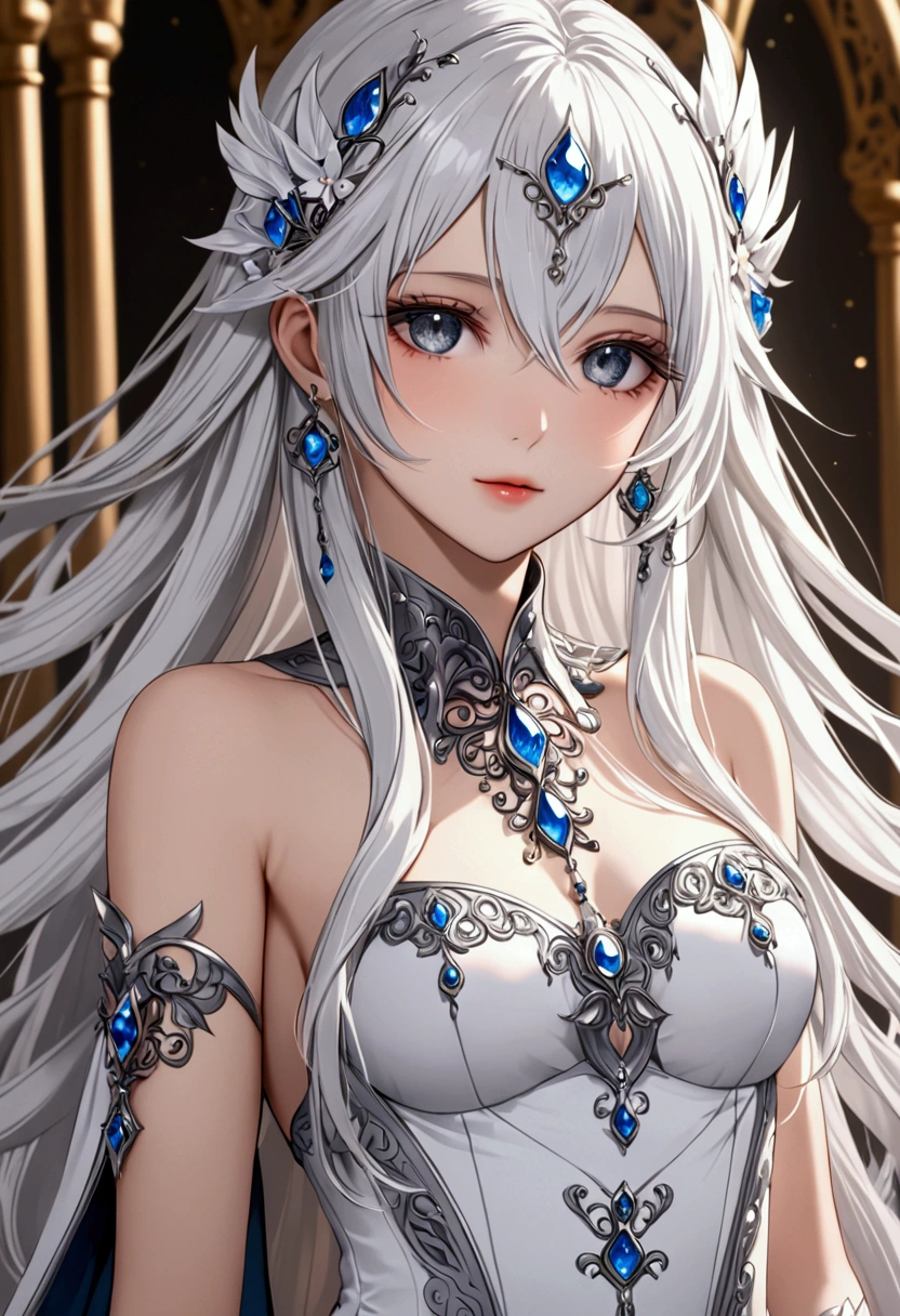 Long white hair , grey eyes, fair skin,fantasy wear,detailed hair, detailed eyes,detailed body, best quality, high resolution, 8k