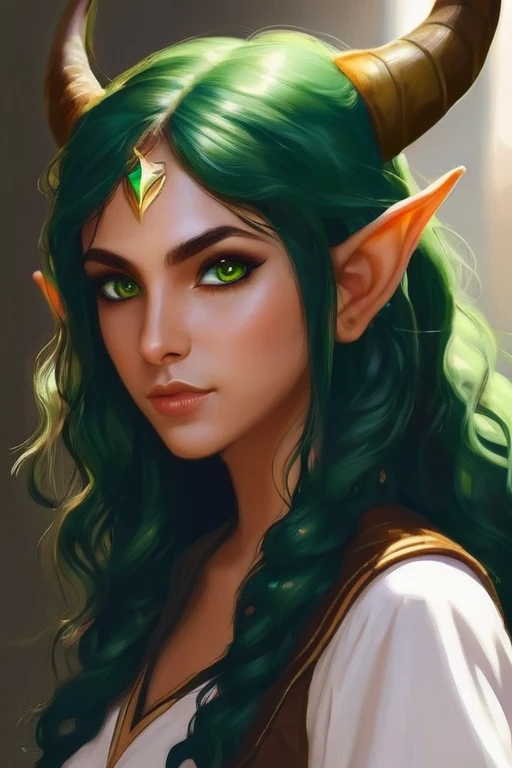 Young adult girl, olive skin , full mouth, black and long curly hair, pointed elf ears, green eyes and two small horns