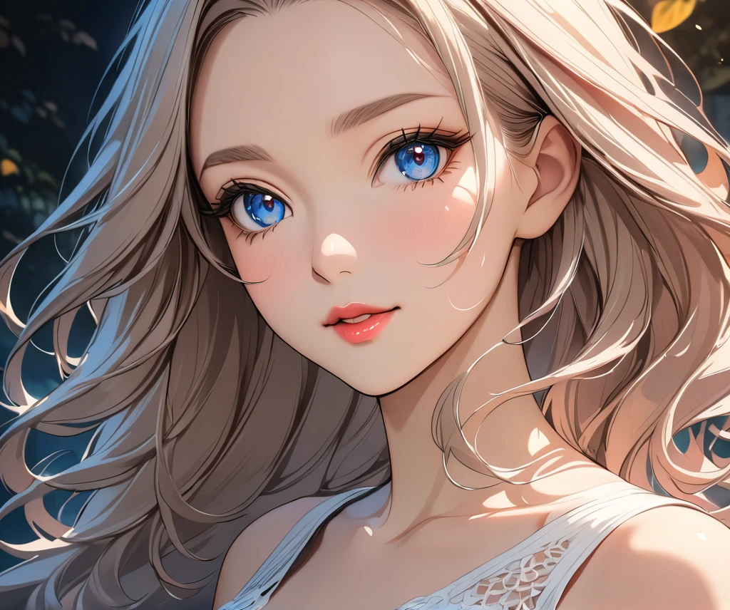 elegant young woman with long silver hair and vibrant blue eyes, wearing a short white camisole and cropped shirt, detailed face and body, beautiful detailed eyes, beautiful detailed lips, extremely detailed eyes and face, long eyelashes, illustration, anime style, highly detailed, 8K, photorealistic, masterpiece, vivid colors, soft lighting, delicate skin, flowing hair, detailed fabric textures, intricate details, dynamic pose