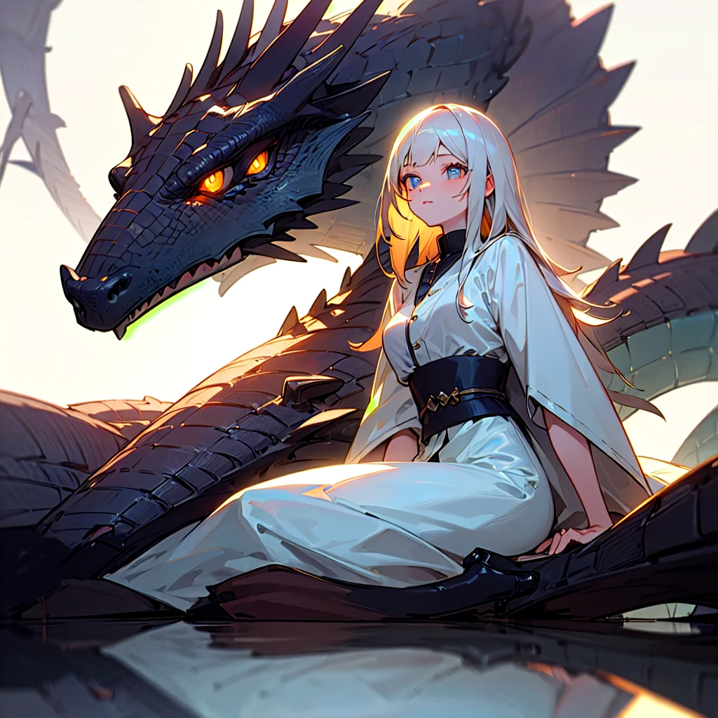 (best quality),(masterpiece), 8K,Very detailed, Detailed lighting, Best shadow,Detailed reflective eyes, beautiful eyes, Very detailed，A girl sitting next to a dragon，Background is sky