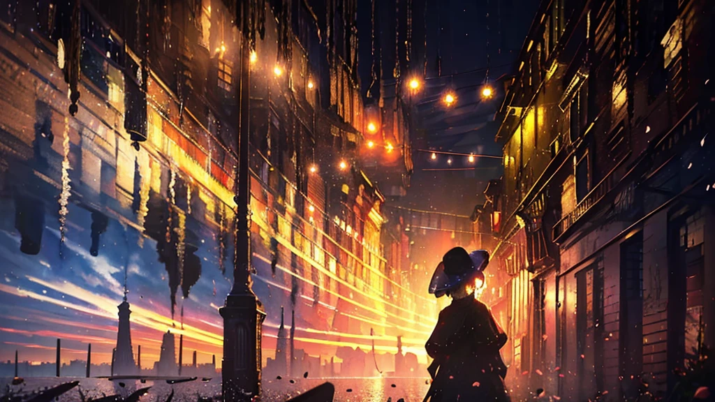 up-and-coming works of art, fusion of watercolor and oil painting, monochrome, no color, best quality, super fine, 16k, incredibly absurdres, extremely detailed, beautiful ephemeral girl stands in the city, wind, wind-effect, moonlit night view, (magnificent view:1.2), steammetal, (only the falling petals are red)