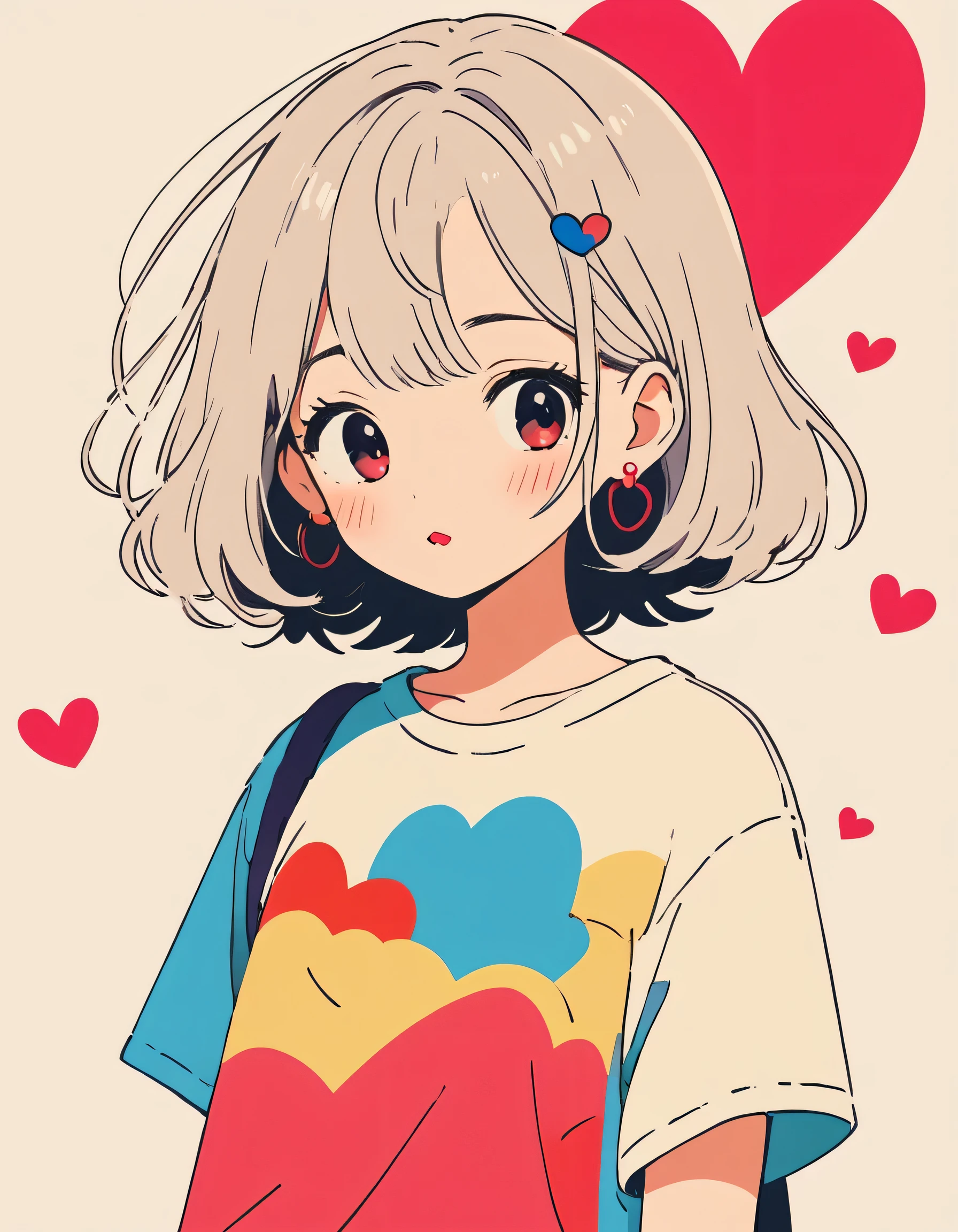 Hayao Miyazaki colorful style, Simple Line Initialism,Abstract art,Urban Background, (((The most beautiful girl of all time))), Sweet face. Lips in love, colorful hearts, stylish design, 夏のオシャレなTシャツ, summer beach,