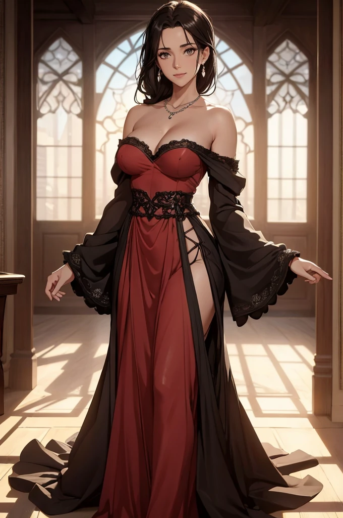((1girl, solo)), Carla Yeager, beautiful body, (perfect anatomy, perfect body, perfect hands, perfect legs), nice hands, natural proportions, sexy body, large breasts, standing, full body, own hands together BREAK
((extremely detailed face)), brown eyes, (beautiful detailed eyes:1.6), (realistic pupils, realistic iris:1), expressive eyes, ((looking at viewer)), (clear eyes:1.3), (hyperrealistic:1.2), (detailed skin texture:1.2), smooth skin, black hair, long hair, hair over shoulder, (detailed lips:1.2), (attractive lips:1.1), (glossy lips:1.1), ((smile)), perfect face, perfect eyes, earrings, pearl necklace BREAK
strapless dress, long dress, (tight waist:1.5), collarbone, bare shoulders, detached sleeves, long sleeves, wide sleeves BREAK
indoors, (checkered floor:1.2), (glass window:1.3), mid day, medieval BREAK
(masterpiece:1.5), anime-style, top quality, best quality, (beautiful and aesthetic:1.2), (ultra detail:1.5), Ultra-detailed depiction, Ultra-precise depiction, extremely detailed 8k illustration, high resolution, (highly detailed shading:1.2), (realistic lighting:1.4), perfect lighting, vibrant colors, dynamic tones, striking hues, 8k, absurd resolution, perfect shadows, hdr, UHD, ambient lighting, realistic, ultra-realistic, photo realistic, highly detailed, rich detail, luminous colors, fine texture, intricate design, professional illustration, (soft light:1.2), (illustration:0.7)
