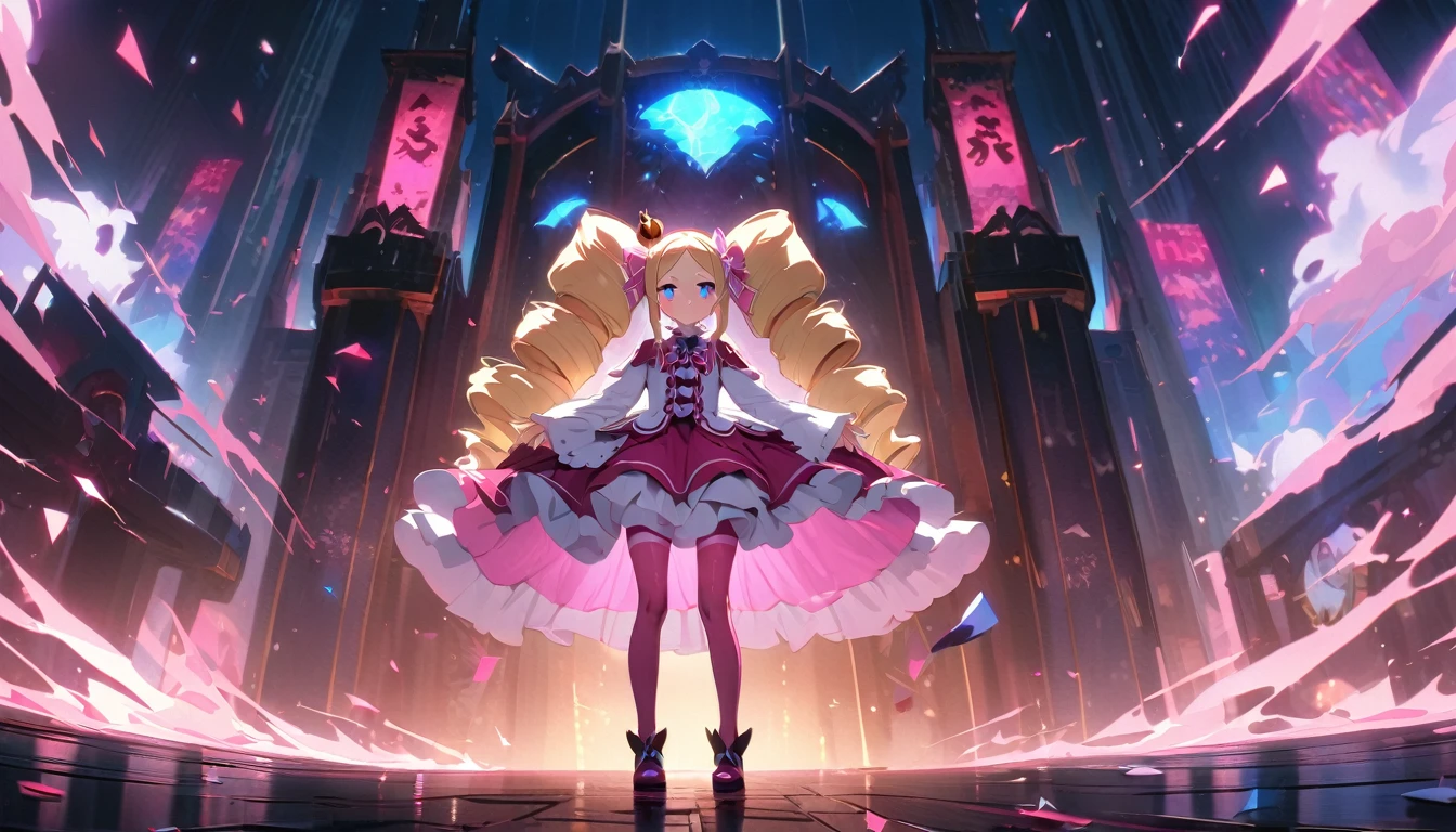 masterpiece, Best quality, Beatrice, Betty, Beatrice \(re:Zero\), 1 girl, blonde hair, Blue eyes, , bait, ковбойский выстreл, crown, dress, drill hair, hair tape, long hair, mini crown, neck tape, tights, pink hair, pink tights, pink tape, red bait, tape, striped, striped tights, pupils in the form of symbols, double drills,
、depth of field、natural soft light、professional lighting、about, standing, very long hair, ковбойский выстreл, brilliant, brilliant hair, (night:1.2),Dreamy, [[gentle fingers and hands:0.55]::0.85],(detailed fingers),),(emotional),(breathtaking),(main part:1.2) whole body.), (Anime Style), (Super Detailed), (brutal), (uhd, HDR), (8k), (High Resolution: 1.2), (Complex and Beautiful: 1.2)