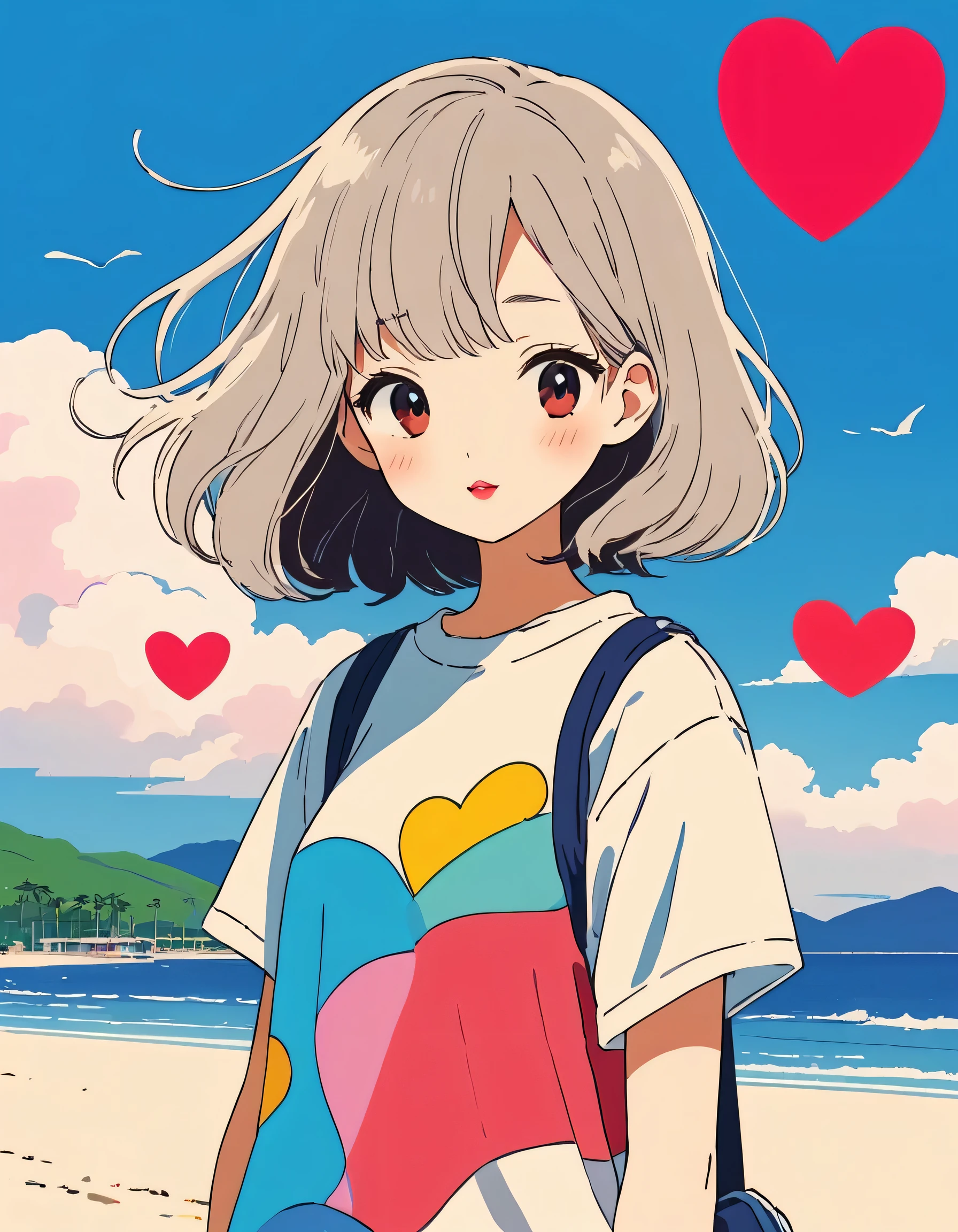 Hayao Miyazaki colorful style, Simple Line Initialism,Abstract art,Urban Background, (((The most beautiful girl of all time))), Sweet face. Lips in love, colorful hearts, stylish design, 夏のオシャレなTシャツ, summer beach,
