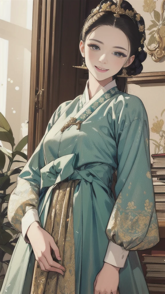 woman wearing dangui,waist up,sweet smile,floral pattern with golden speckles,beautiful victorian library,shimmering fabric,serene,masterpiece,8k,trending on pixiv,highest quality,