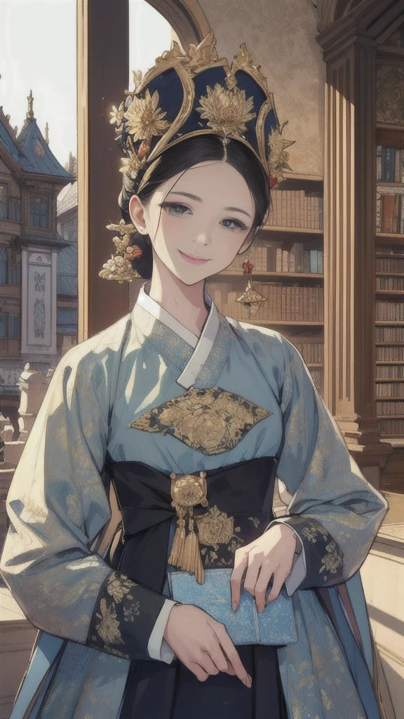 woman wearing dangui,waist up,sweet smile,floral pattern with golden speckles,beautiful victorian library,shimmering fabric,serene,masterpiece,8k,trending on pixiv,highest quality,