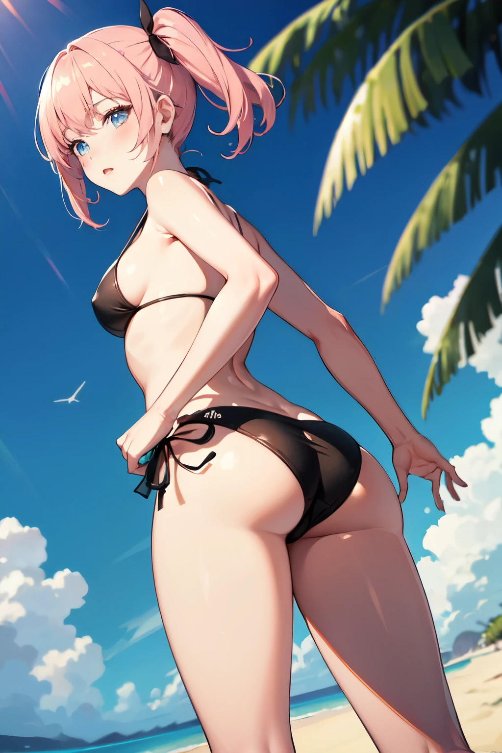 (masterpiece:1.2, high quality), (Pixiv:1.4), (One girl:1.2), (alone:1.2), (Smooth:1.2), (Nakano Nino), (have confidence), A little blush, Glossy Lips, Crystal Blue Eyes, Black eyeshadow, Pale skin, Pink Hair, bangs, bangs over eyes, clavicle, String , String, Hair Ribbon,  Outfits, (Perfect round :1.2), (Subjective view of thighs),  I had already finished, Beach outfit, View from below, Rear view, Recall, Narrow waist, Super detailed, Soft lighting, High Contrast, (Blurred_background:1.2), highly concentrated face, (Detailed face), Essential Details, Vibrant colors, High resolution, 4K, Beautiful outdoors, Beach, (Ocean view), sunny day, Beach volleyball, (sand), Pebble