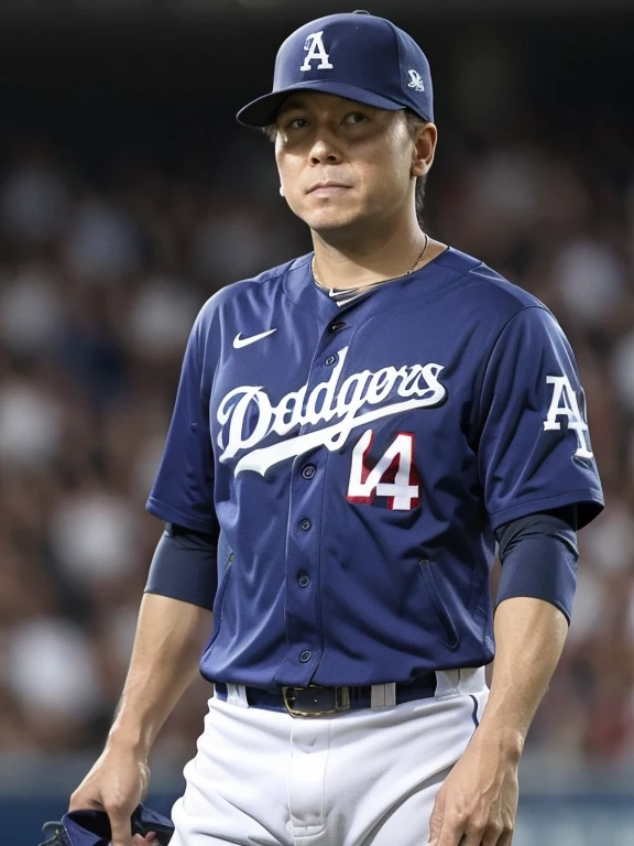 Award-Winning Moment, male, alone, baseball, baseball選手, Award-Winner, stage, Trophy, Spotlight, applause, Tears of emotion, baseballのユニフォーム, Los Angeles Dodgersのユニフォーム, Audience in the background,
