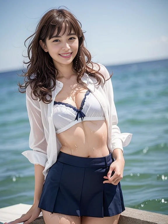 Gray background、pubic hair、Large Breasts、Thighs、Red lipstick、Curly Hair、Disheveled Hair、Cute woman、high school girl、White shirt、(Navy blue skirt)、smile、Open chest shirt、(A wet shirt with underwear showing through)、Wet Hair、Gazing at the sea、smile、