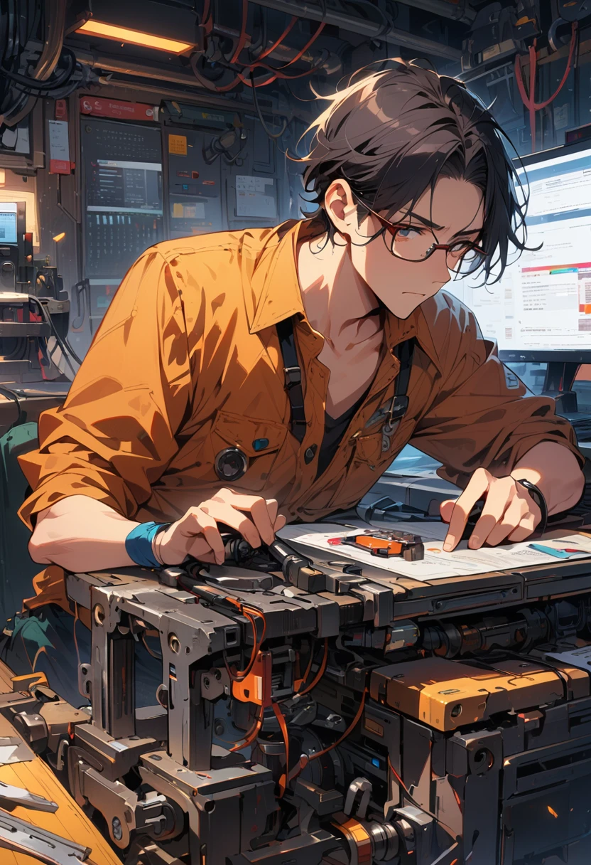 Ridiculous Resolutions, High resolution, (masterpiece: 1.4), Super detailed, Dressed as a welder、A young man with short, messy black hair and glasses, Very high-tech robot arm workbench,computer
