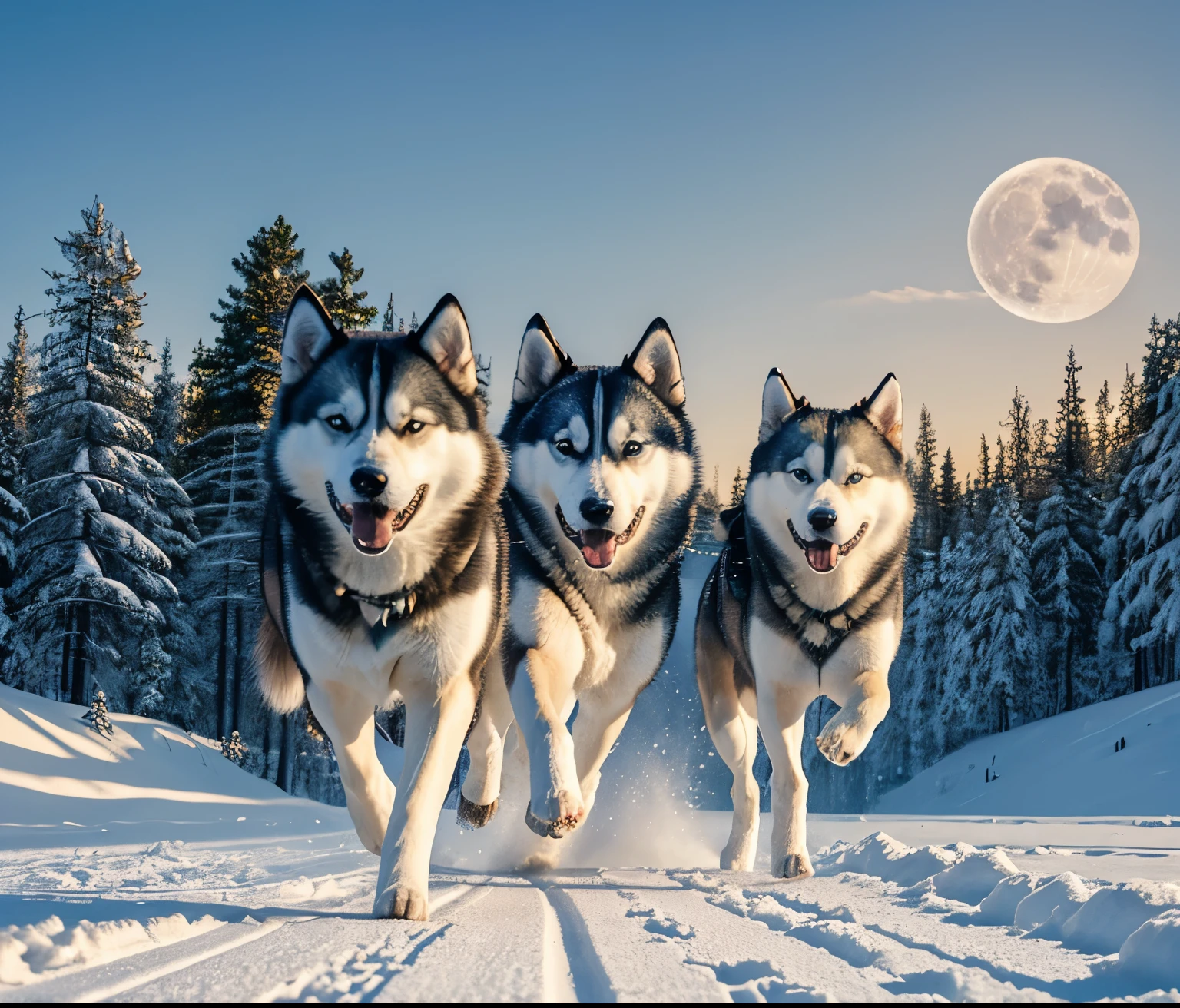 Illustration of a type of dog called Siberian Husky.
#Siberian Husky's features.
Siberian Husky with medium-sized, well-proportioned body built for endurance.
Thick double coat in various colors and patterns, often with striking facial markings.
Almond-shaped eyes in blue, brown, or one of each (heterochromia).
#Illustration background.
Snow-covered Siberian taiga with dense pine forests.
Sled trails winding through the snowy landscape.
Crisp, clear winter sky with a bright full moon.
#Siberian Husky posture.
Mid-stride in a powerful running gait, part of a sled dog team.
Focused expression with ears forward, embodying the breed's working spirit.
Tail streaming out behind, balancing the dog's movement.
#Overall atmosphere of the illustration.
Dynamic and energetic, showcasing the Husky's endurance and strength.
Cool, crisp color palette with the moonlight creating dramatic shadows.
Sense of freedom and purpose in the vast, snowy wilderness.
#Low angle view to emphasize the dog's power and speed