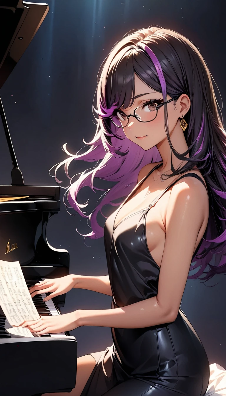 (highest quality:1.2, Very detailed, up to date, Vibrant, Ultra-high resolution, High Contrast, masterpiece:1.2, highest quality, Best aesthetics), Portraiture、girl、((25-years-old:1)), (black evening dress:1.3), loose fit, Bright colors、Beautiful fine details、Beautiful lip detail, long hair、black and purple ((streaked hair:1.6)), highlights hair: 1.5, brown eyes, glasses, gold earrings, ((slim body:1.4)), (small breast:0.7), (dark skin:0.5), (sitting and playing the grand piano:1), ((sit on piano chair:1)), (There is an open sheet music on the piano.), classic concert hall, spot light, side view, (cowboy shot:1.5),
