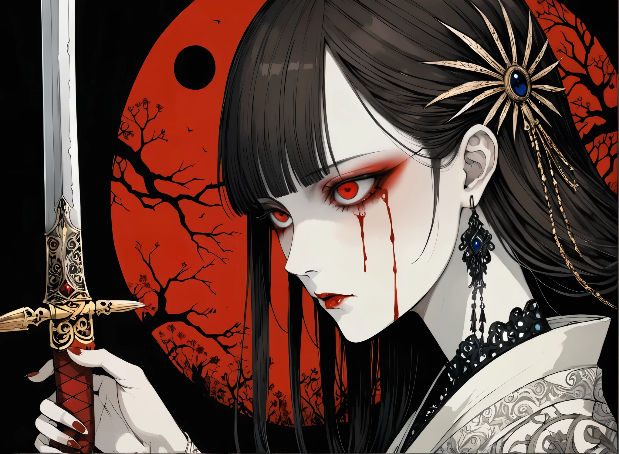 in style of Harry Clarke,in style of Alma Woodsey Thomas,in style of Santiago Caruso,in style of American McGee, Brunette girl、Red eyes、Very delicate and beautiful eyes、holding sword with both hands、There is blood on girl&#39;s face, Dark Fantasy, fear、Very detailed, White Kimono、perfect hands, perfect anatomy,Rear view、contour、（Samurai sword：1.5） ）、draw your sword、draw your swordテクニック、moonlight、night、moonlight從上面：1.5