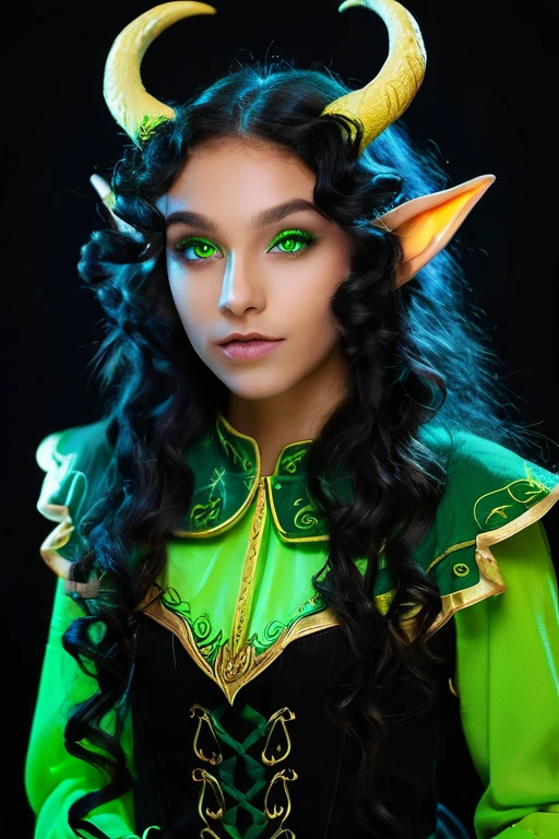 Young adult girl, black light golden skin , full mouth, black and long curly hair, pointed elf ears, green eyes and two small horns