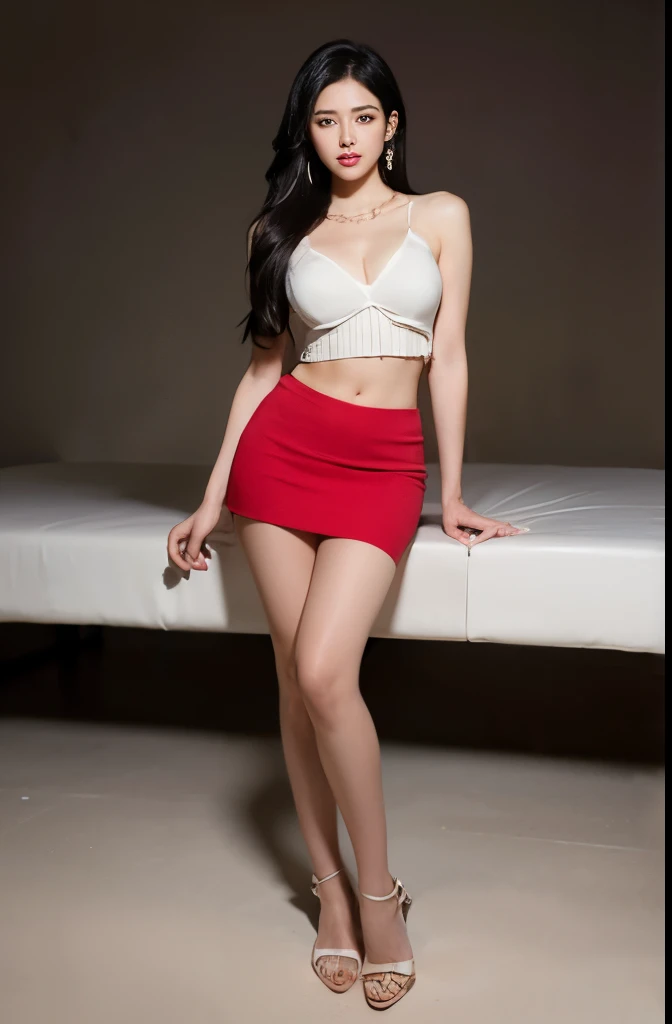 (masterpiece:1.3), (8 thousand, realistic, RAW photos, best quality: 1.4), (1 woman),(sheer silk blouse), (((short skirt))), (((양쪽 다리와 양쪽 발에  realistic 불트명한 팬티 스타킹: 1.3))), (Stockings on both legs),  (((Wearing red high heels on both feet with stockings))), (full body shot), (standing), (Beautiful makeover), (((very beautiful body))) , (((Realistic and very beautiful face))), (long eyelashes), (double eyelid), (Realistic, delicate and very beautiful eyes), (big bust) , (Strong body through exercise), (beautiful abs), (Beautiful heaps), (tall), (such a beautiful body),  (black hair. parted, long hair:1.3), (아름다운 parted스타일), (realistic and beautiful skin), (absurd), (attractive), (ultra high resolution), (extremely realistic), (very detailed), (golden ratio), (((Two long, realistic and beautiful legs))), (realistic 팔), (necklace), (earring),(beautiful nails manicure), (So beautiful and ????), (perfect secretary look)
