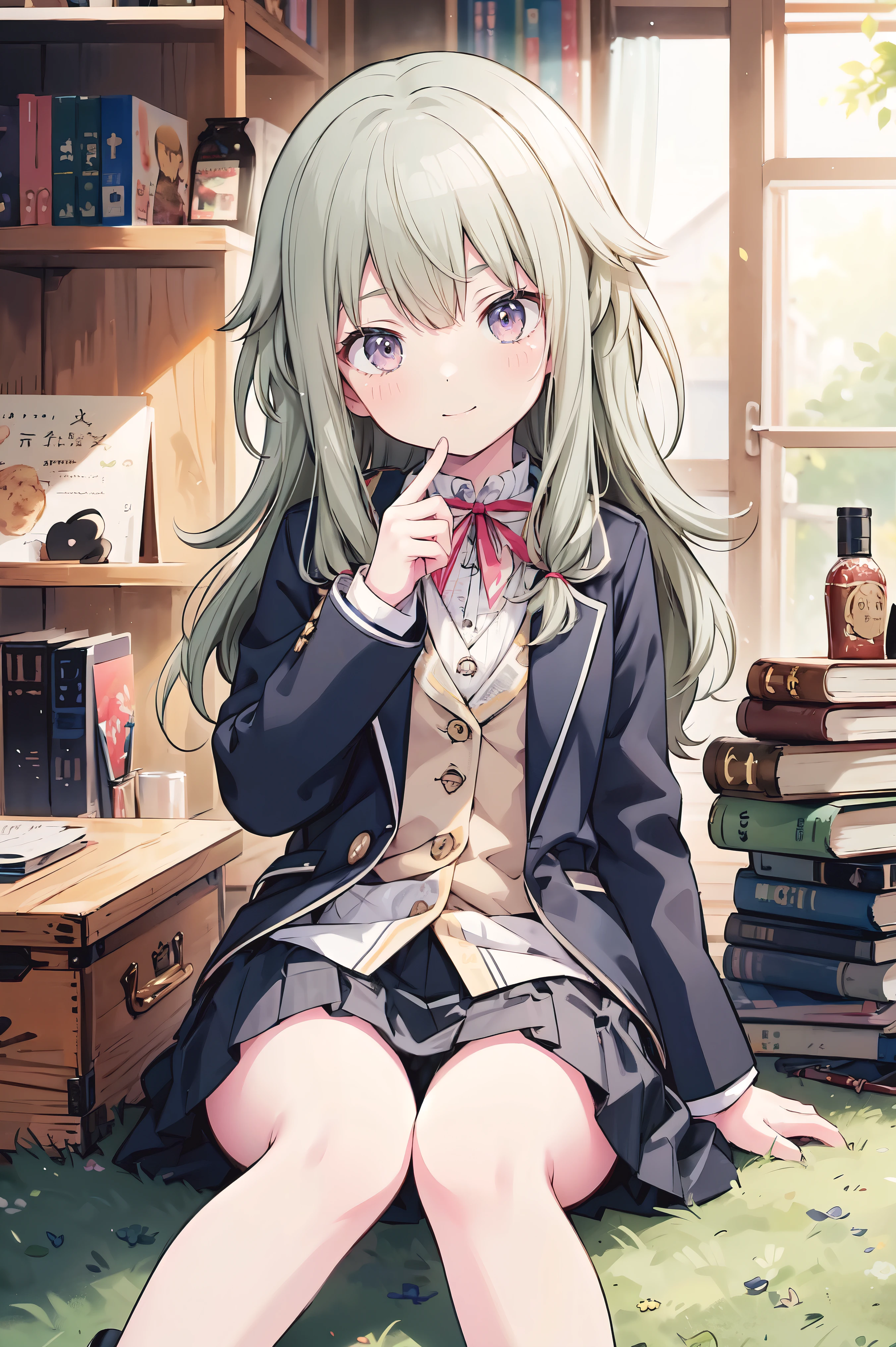 (8k, 最high quality)、Ultra-high resolution、adorable、最high quality, beautiful, Absurd beauty、masterpiece、Best image quality、(Front facing)、good feeling、smile,Face the camera、Delicate eyes、smile、Small face、female、1 person、masterpiece, Most detailed、、blazer、skirt、 high quality、♡、heart、Shiny Hair、Very fine and beautiful bright eyeedium chest、Read books too、nose blush、Very detailed, clear and beautiful face, Awards, (Anatomically correct)、The whole body is visible、Focus on the face、Sitting on the floor、Stretch your legs