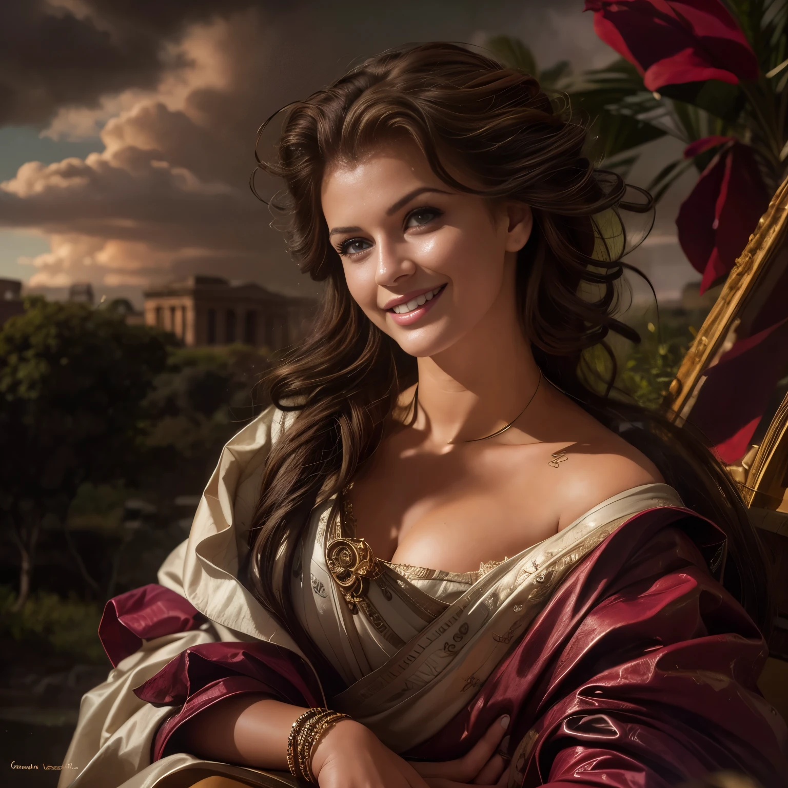 Best quality, masterpiece, ultra high res, (photorealistic:1.4), raw photo, Ancient Roman ruins, landscape in the style of Poussin, A smile, Sweet and seductive appearance. Caravaggio's paintings Chiaroscuro of Caravaggio Hair disheveled in the wind, Two women frolicking, Cute smile, Expression of ecstasy, A sexy, erotic, she flaunts her curvaceous figure in a stunning bespoke Deep Red silk satin dress, showcasing her adorable smile and tantalizing cleavage, perfect hands, Soft light and shadow, beautiful detailed eyes, beautiful detailed lips, extremely detailed eyes and face, white and platinum colors scheme, smiling in a confident, gentle smile, beautiful detailed glow, detailed, professional, ultra-detailed, intricate details, full body fashion model.