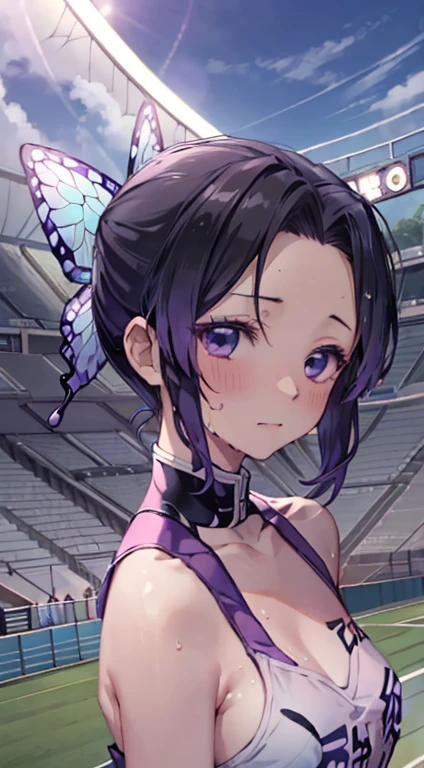 kochou shinobu, Full-body ultra-realistic 8K CG，masterpiece，Angle from the auditorium,running,  Look at the goal, （（Highly detailed background，Delicate pattern，Intricate details）），The best quality in the best condition，とてもとてもとても詳細なface，(((Stadium, Arena))),, (((最高に笑face, Sweat))), , , Highly detailed eyesとface，Highly detailed eyes，kochou shinobu，Multicolored Hair，No bangs，Hair Intake，Track and field uniforms, Purple eyes，Haori，butterfly，band，（熱band庭園：1.2），Purple Flower，mostly cloudy null，Light of the sun，Tyndall effect，slope_null，face，beautiful null，，Seductive posture，（Medium chest:1.3)，（Track and field costumes:1.6)