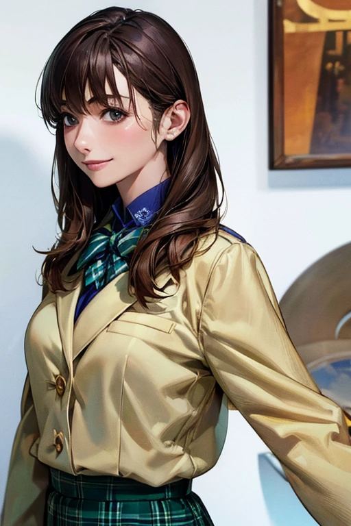 ((Highest quality)),(超High resolution),(Very detailed),(Detailed Description),((The best CG)),(masterpiece),Ultra-detailed art、(Highest quality、8k、32K、masterpiece)、(Realistic)、(Realistic:1.2)、(High resolution)、Very detailed、Very beautiful face and eyes、1 female、((女子high school student:1.3))、Tight waist、Delicate body、(Highest quality、Attention to detail、Rich skin detail)、(Highest quality、8k、Oil paints:1.2)、Very detailed、(Realistic、Realistic:1.37)、Bright colors、1 girl、high school student、Japanese 、Are standing、smile、looking at the camera、Detailed face、Smooth Skin、Long black hair、Straight Hair、Brown eyes、Natural Makeup、Outdoor Background、Custom Uniforms、Dark green blazer with gold buttons、White dress shirt、Green and blue tartan check skirt、Knee-length、Dark green tie、White knee-high socks、Brown Loafers、A dark green blazer with the school crest on the breast pocket、Matching tartan school bag