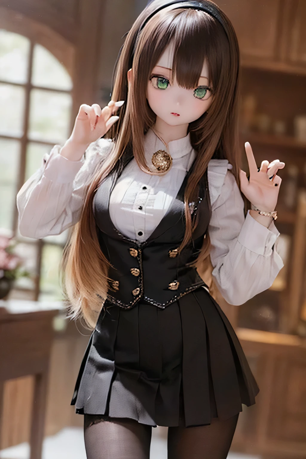 (SFW:2), photorealistic, realistic photo, 8k, ((highest quality)), ((masterpiece)), (extremely detailed), kukolnydom, doll, (mature woman, 21yo, 21 years old, solo:1.6), ((cowboy shot, stylish pose, slim, slender, skinny, medium breasts, hairband, ascot, vest, blouse, long puff sleeves, pleated skirt, black pantyhose)), (green eyes, brown hair, long hair, plastic skin, looking at another, glass eyes, gradient eyes, shining eyes, detailed eyes:1.3)