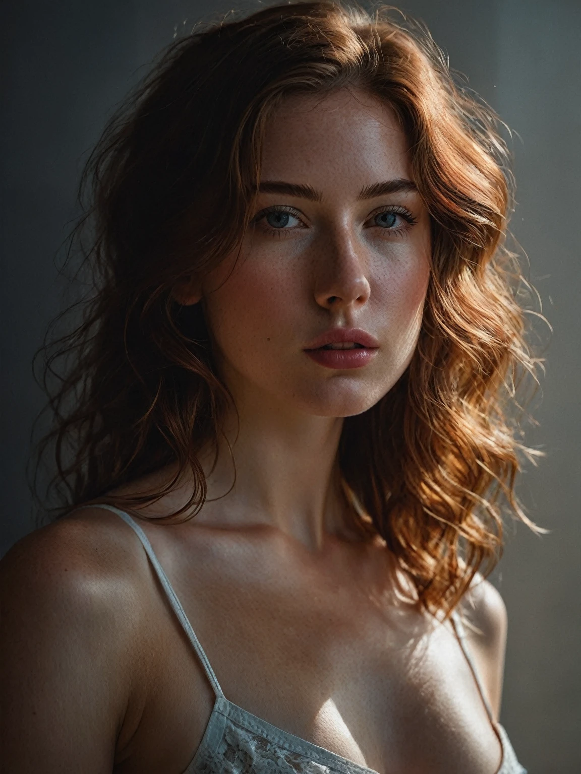 (((ultra realistic))) Photo, masterpiece, top quality, (Pale skin), (Ultra detailed face and eyes.:1.3), 1 girl, adult, without a shirt, (eye makeup, face mask) , ((big detailed lips)), ((pink wavy fur)), ((Chiolka)) , (natural breasts), Thin waist. ((Posing)), Photoshoot, studio (soft lighting), (The game of lights and shadows), depth of field, bokeh, (Special attention to leather details..: 1.2), detailed leather texture, skin pores. (Warm frame environment.. Color range - black, purple, rosa, blue tones), DR, ((film grain)), ((good heavens)), ((sun glare)), ((portrait from the waist up, close to the camera)) , ultra detialed, 