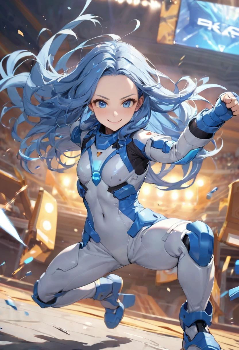 (Battle Festival style) (beautiful fighting pose, high kicking pose), (solo:2, 15 yo), (beautiful forehead), (beautiful detailed blue hair long hair), (best cute girl, immensely cute blue eyes, smile, small tits), in a detailed ​​Battle Suit, break, in the battle game Colosseum, BREAK, perfect anatomy, masterpiece, best quality, 16k, beautiful detailed grow, daydreaming expression.