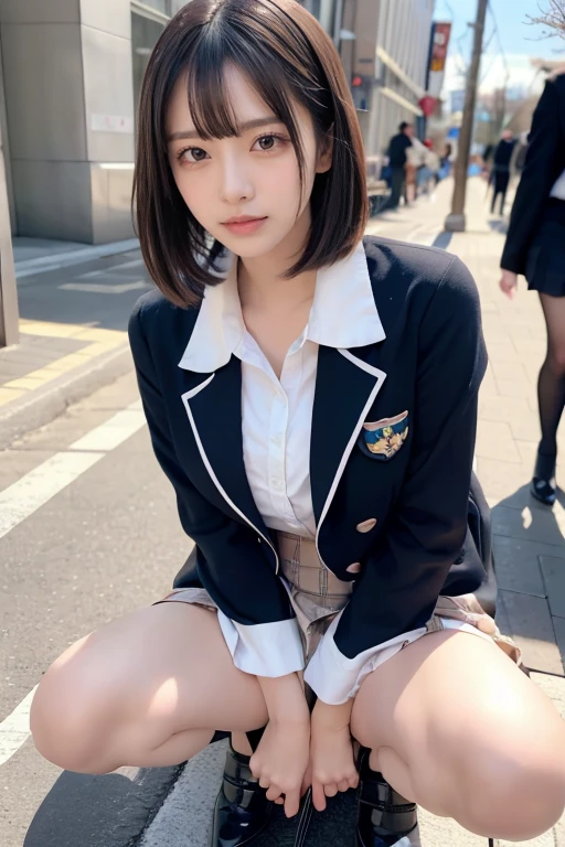 (8k, RAW Photos, Highest quality, masterpiece:1.2), Masterpiece, Highest quality, figure, Very detailed, The finer details, High resolution, 8k,wallpaper, Perfect dynamic composition,(Detailed high quality, Realistic depiction of eyes:1.3), ((2 girls, 2 high school girls)), uniform、blazer 、Super Short Check Uniform Skirt、Navy blue knee-high socks 、Disheveled uniform, Play with each other,Touching each other's bodies,Touching the body of the girl next door, Short Bob Hair, Brown hair color, Huge breasts、E Cup, Big Natural Color Lip, Bold sexy pose, (Perfect figure), Crying a little、Cold Stare, Harajuku Style、Beautiful Makeup,Glitter makeup,The cutest 18 year old、 Beautiful feet, Gravure idol pose, Voluptuous thighs