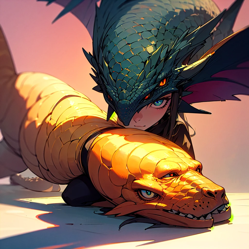 (best quality),(masterpiece), 8K,Very detailed, Detailed lighting, Best shadow,Detailed reflective eyes, beautiful eyes, Very detailed,A girl sitting next to a dragon,Background is sky
