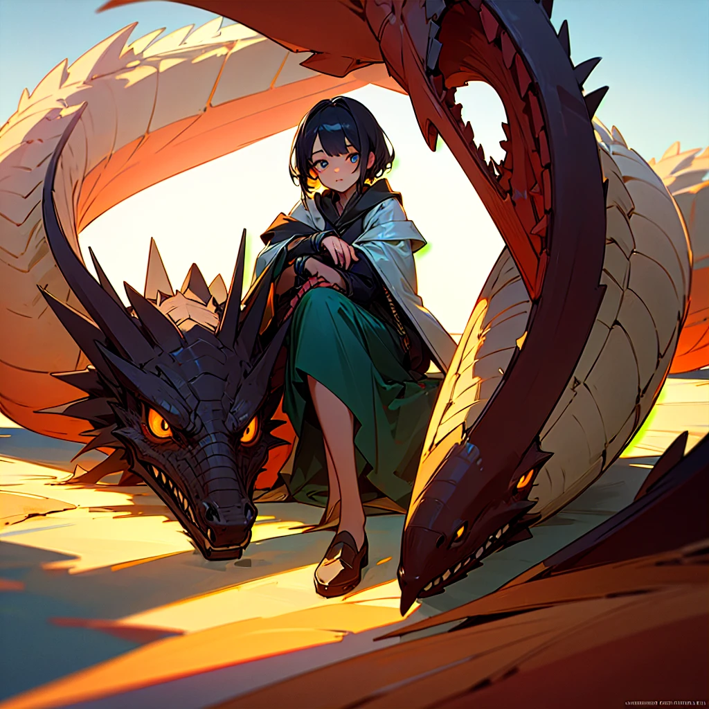 (best quality),(masterpiece), 8K,Very detailed, Detailed lighting, Best shadow,Detailed reflective eyes, beautiful eyes, Very detailed,A girl sitting next to a dragon,Background is sky