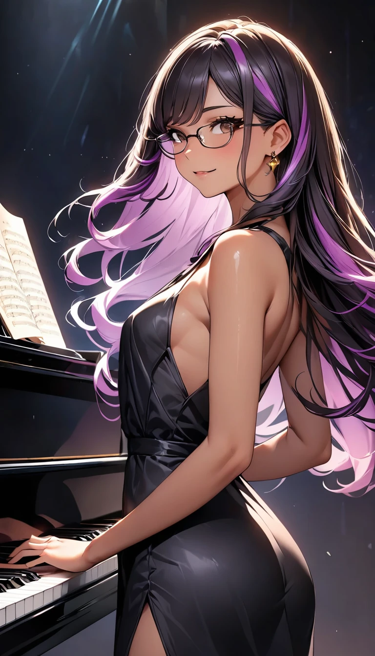 (highest quality:1.2, Very detailed, up to date, Vibrant, Ultra-high resolution, High Contrast, masterpiece:1.2, highest quality, Best aesthetics), Portraiture、girl、((25-years-old:1)), (black evening dress:1.3), loose fit, Bright colors、Beautiful fine details、Beautiful lip detail, long hair、black and purple ((streaked hair:1.6)), highlights hair: 1.5, brown eyes, glasses, gold earrings, ((slim body:1.4)), (small breast:0.7), (dark skin:0.5), (sitting and playing the grand piano:1), ((sit on piano chair:1)), (There is an open sheet music on the piano.), classic concert hall, spot light, side view, (cowboy shot:1.5),