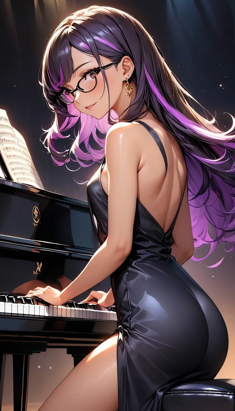 (highest quality:1.2, Very detailed, up to date, Vibrant, Ultra-high resolution, High Contrast, masterpiece:1.2, highest quality, Best aesthetics), Portraiture、girl、((25-years-old:1)), (black evening dress:1.3), loose fit, Bright colors、Beautiful fine details、Beautiful lip detail, long hair、black and purple ((streaked hair:1.6)), highlights hair: 1.5, brown eyes, glasses, gold earrings, ((slim body:1.4)), (small :0.7), (dark skin:0.5), (sitting and playing the grand piano:1), ((sit on piano chair:1)), (There is an open sheet music on the piano.),assic concert hall, spot light, side view, (cowboy shot:1.5),
