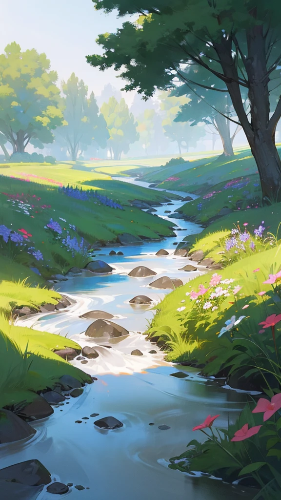 The small river behind the house is filled with stones, all around there are flowers growing, trees and bushes, the atmosphere in the morning with light fog