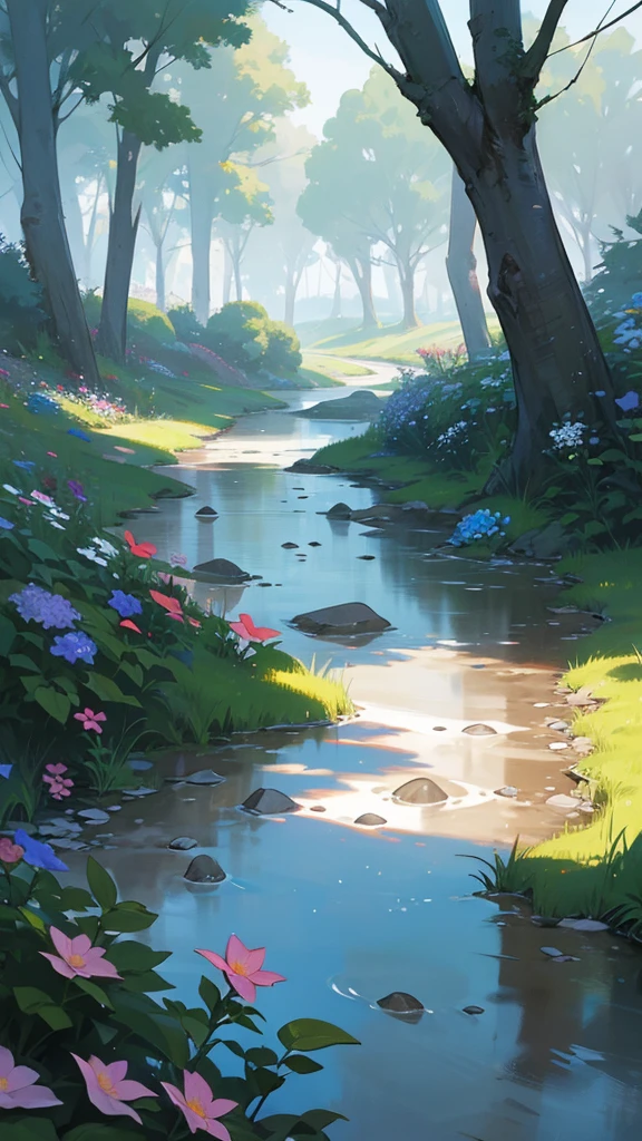 The small river behind the house is filled with stones, all around there are flowers growing, trees and bushes, the atmosphere in the morning with light fog