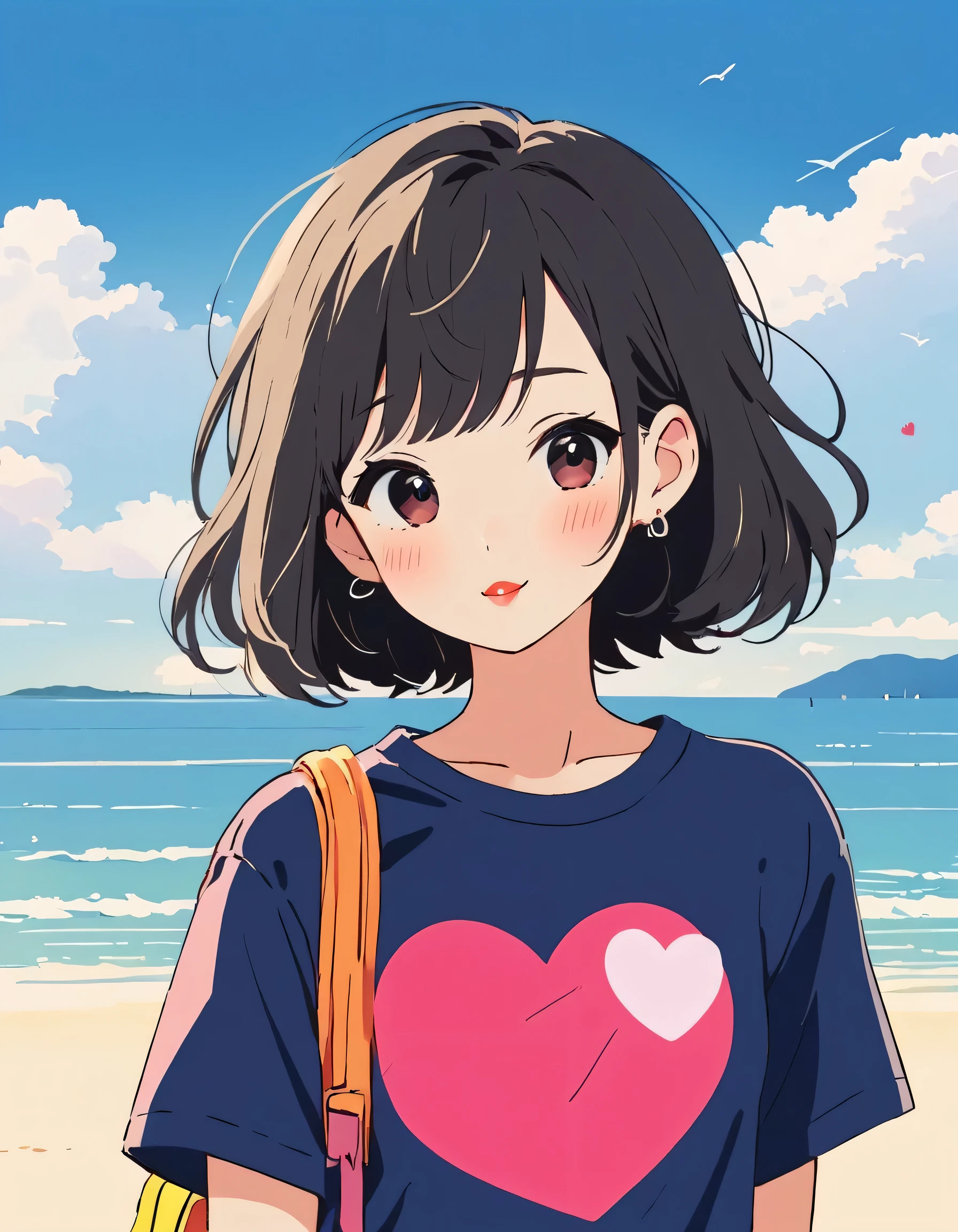 Makoto Shinkai colorful style, Simple Line Initialism,Abstract art,Urban Background, (((The most beautiful girl of all time))), Sweet face. Lips in love, colorful hearts, stylish design, 夏のオシャレなTシャツ, (((summer beach))),
