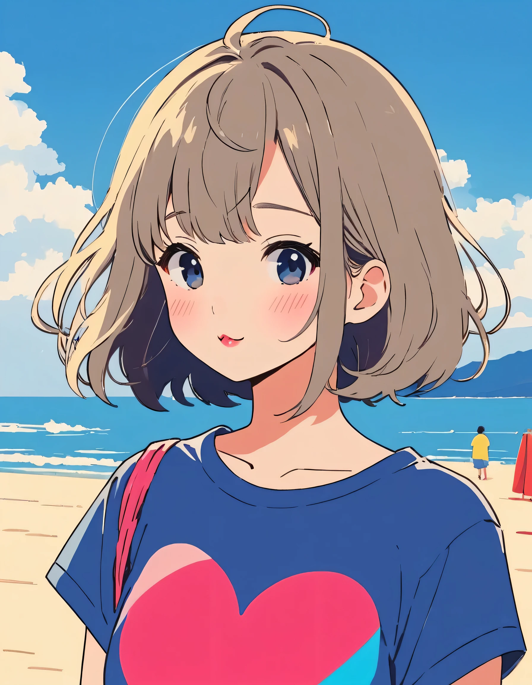 Makoto Shinkai colorful style, Simple Line Initialism，Abstract art，Urban Background, (((The most beautiful girl of all time))), Sweet face. Lips in love, colorful hearts, stylish design, 夏のオシャレなTシャツ, (((summer beach))),