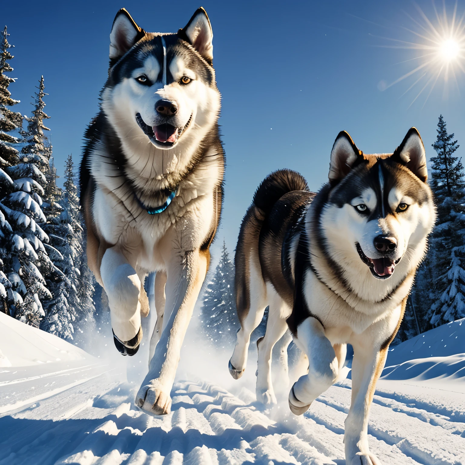 Illustration of a type of dog called Siberian Husky.
#Siberian Husky's features.
Siberian Husky with medium-sized, well-proportioned body built for endurance.
Thick double coat in various colors and patterns, often with striking facial markings.
Almond-shaped eyes in blue, brown, or one of each (heterochromia).
#Illustration background.
Snow-covered Siberian taiga with dense pine forests.
Sled trails winding through the snowy landscape.
Crisp, clear winter sky with a bright full moon.
#Siberian Husky posture.
Mid-stride in a powerful running gait, part of a sled dog team.
Focused expression with ears forward, embodying the breed's working spirit.
Tail streaming out behind, balancing the dog's movement.
#Overall atmosphere of the illustration.
Dynamic and energetic, showcasing the Husky's endurance and strength.
Cool, crisp color palette with the moonlight creating dramatic shadows.
Sense of freedom and purpose in the vast, snowy wilderness.
#Low angle view to emphasize the dog's power and speed