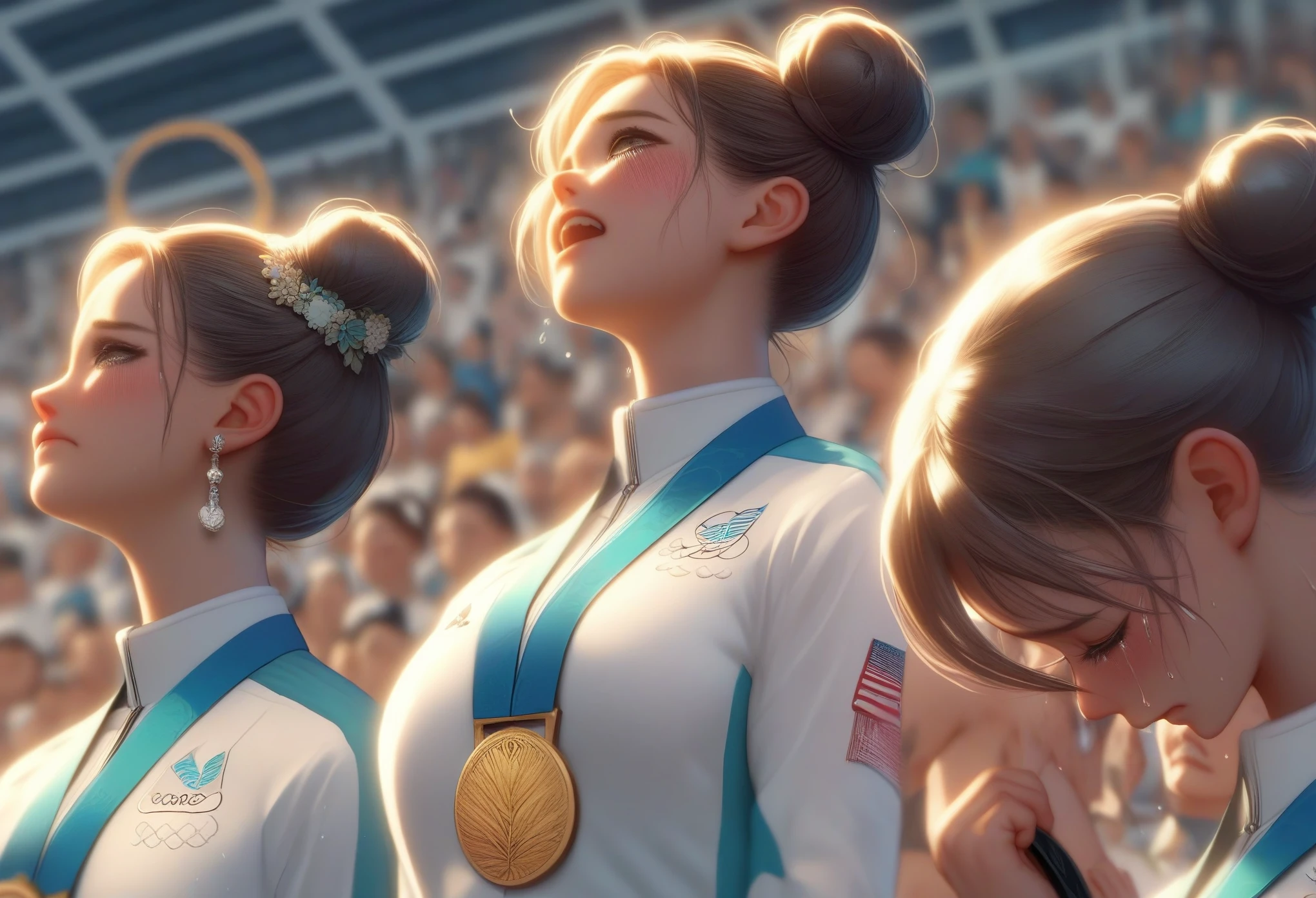 score_9, score_8_up, score_7_up, source_anime, close-up, bronze medal, different colours badges, side by side, cute, 3girls, (((mint athletes uniforms, mint sports shorts))), head down, sad, sweat, Olympic rings, Olympic venue, crowd in distant stands, cinematic light, slim figure, brown hair, double bun, from below, full body, standing on ranking podium,