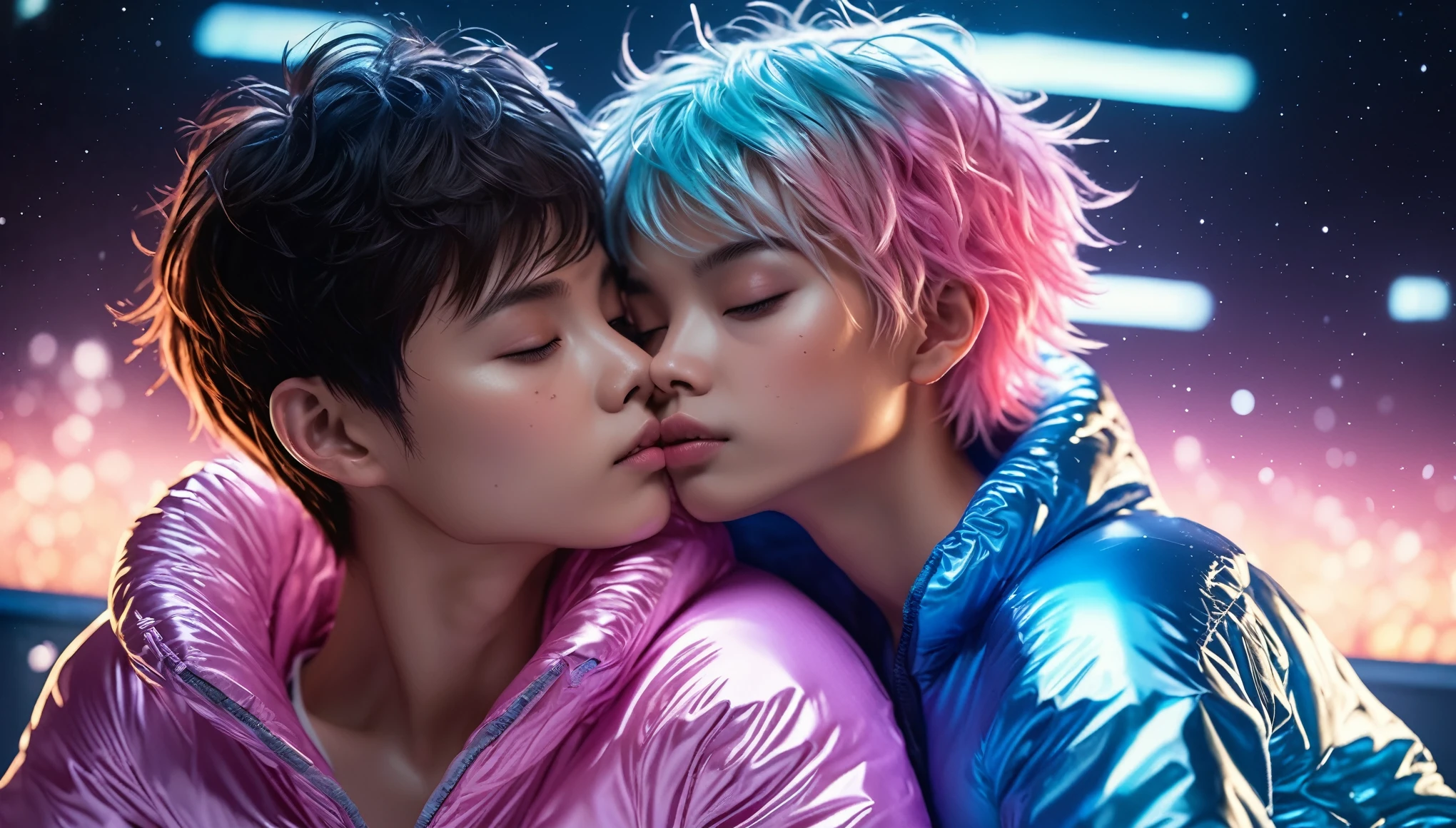 Top Quality, Masterpiece, High Resolution, 8k, ((2 cute girls kissing in a light pink blue open shiny puffer, short sleeves, wide neckline, deep neckline, small perky breasts, extremely detailed face, detailed slightly open eyes, beautiful detailed lips, short asymmetrical pixie hair, small hips)), in a spaceship, on bed, intricate details, at night, backlit, random neon color, full body shot, view from distance, random pose