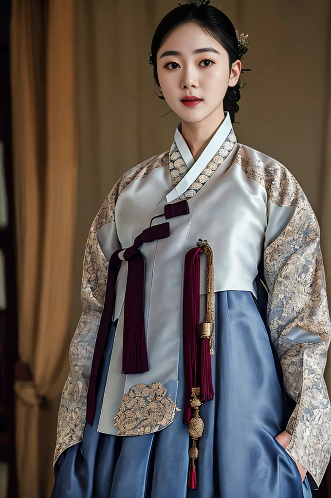 a korean actress starring in a fantasy television drama, film still, shot on a sony alexa, hanbok, edgEF, wearing edgEF eastern clothing, dangui, detailed face, detailed eyes, intricate details, film grain, skin details, high detailed skin texture, 4k, sharp focus, masterpiece, award winning photo, analog style photo, film grain,