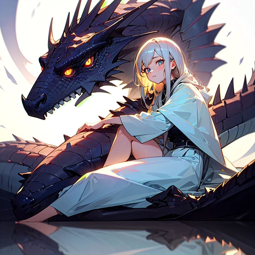 (best quality),(masterpiece), 8K,Very detailed, Detailed lighting, Best shadow,Detailed reflective eyes, beautiful eyes, Very detailed,A girl sitting next to a dragon,Background is sky