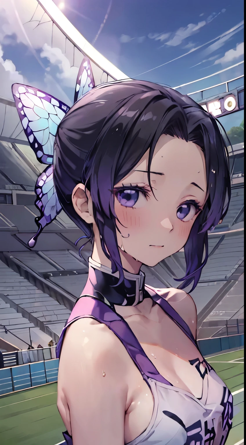 kochou shinobu, Full-body ultra-realistic 8K CG,masterpiece,Angle from the auditorium,running, Look at the goal, ((Highly detailed background,Delicate pattern,Intricate details)),The best quality in the best condition,とてもとてもとても詳細なface,(((Stadium, Arena))),, (((最高に笑face, Sweat))), , , Highly detailed eyesとface,Highly detailed eyes,kochou shinobu,Multicolored Hair,No bangs,Hair Intake,Track and field uniforms, Purple eyes,Haori,butterfly,band,(熱band庭園:1.2),Purple Flower,mostly cloudy null,Light of the sun,Tyndall effect,slope_null,face,beautiful null,,Seductive posture,(Medium chest:1.3),(Track and field costumes:1.6)