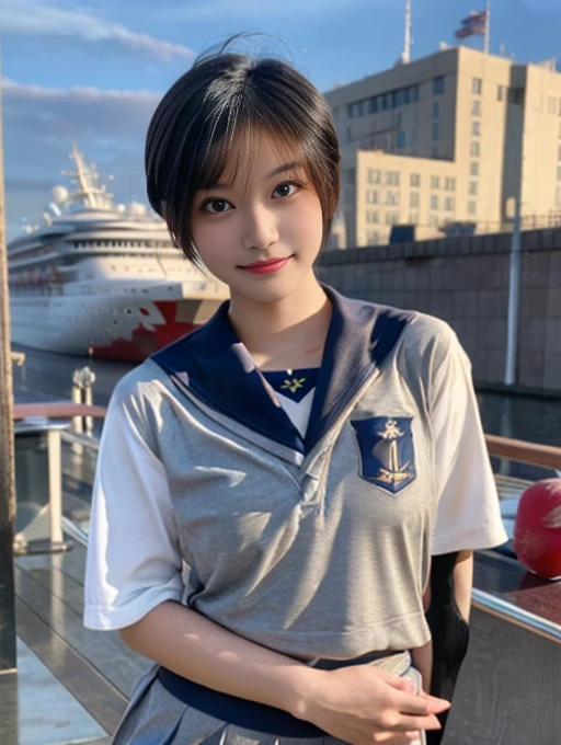 20 year old Japanese beauty,Slim and cute、Volleyball Uniforms、Bulge of lateral breasts、Slit eyes、Realistic 3D images,Bust is very very very small、Full body image showing breasts、The background is the deck of a luxury cruise ship、High quality photos、Showing off hairless genitals、clear, Clear image of the lower body、Masterpiece 8k(1.3)、Smiling